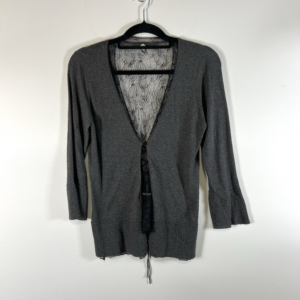 Margaret O'Leary Sz M‎ grey cashmere & silk blend 3/4 sleeve Henley sweater Lace